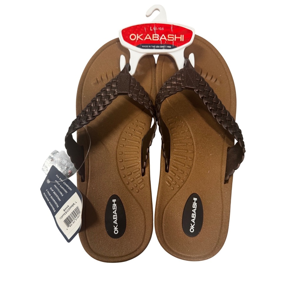 Okabashi Baha Flip Flop Sandals Womens L 9.5-10.5 Toffee Copper Braided Made USA